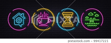 Coffee cup, Time and Work home minimal line icons. Neon laser 3d lights. Swimming pool icons. For web, application, printing. Hot drink, Clock, Outsource work. Basin. Neon lights buttons. Vector 99417221