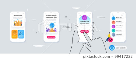 Outline set of Fitness water, Coffee beans and Coffee line icons for web application. Phone ui interface. Include Cooking whisk, Tea cup, Cooking mix icons. Wine glass, Brazil nut web elements. Vector 99417222