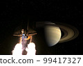 Spaceship flights to Saturn planet in space. Space exploration concept. Elements of this image furnished by NASA. 99417327