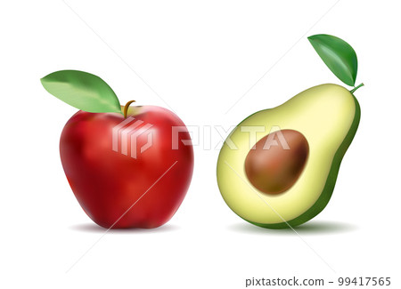 Ripe avocado in the cut with a stone and leaf and red apple. On transparent background. Fruit, a symbol of proper and healthy nutrition. Realistic vector graphics in eps10 format, no raster effects 99417565