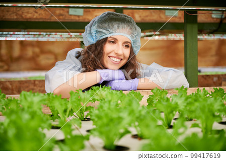 Happy woman agronomist checking plant growth in greenhouse. Joyful female gardener looking at green leafy plants and smiling while standing near shelf with seedlings. Happy woman agronomist checking plant growth in greenhouse. Joyful female gardener looking at green leafy plants and smiling while standing near shelf with seedlings. 99417619