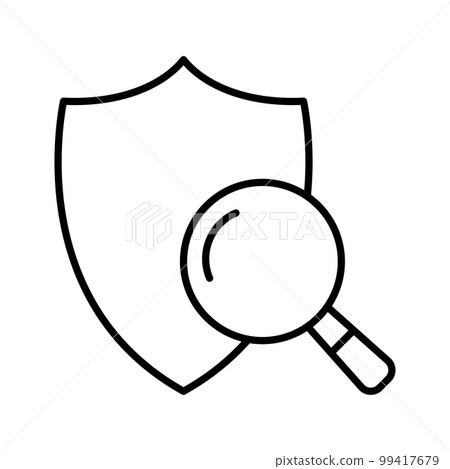Safety checking icon. Magnifying glass with protection shield. Protection, security sign, comparison, selection. 99417679