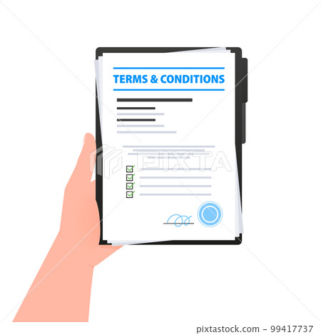 Terms and conditions document. Legal agreements between a service provider and a person who wants to use that service. Vector stock illustration. 99417737