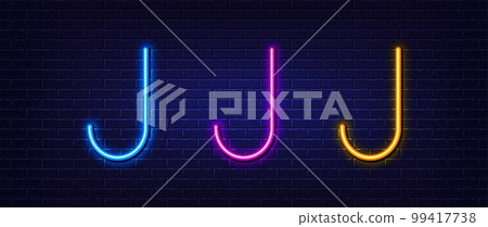 Initial letter J icon. Neon light line effect. Line typography character sign. Large first font letter. Glowing neon light element. Letter J glow 3d line. Brick wall banner. Vector 99417738
