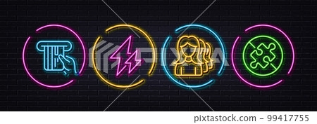 Credit card, Electricity and Women headhunting minimal line icons. Neon laser 3d lights. No puzzle icons. For web, application, printing. Atm payment, Electric energy, Women teamwork. Vector Credit card, Electricity and Women headhunting minimal line icons. Neon laser 3d lights. No puzzle icons. For web, application, printing. Atm payment, Electric energy, Women teamwork. Vector 99417755
