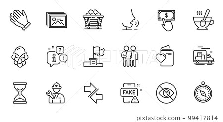 Outline set of Time hourglass, Clapping hands and Not looking line icons for web application. Talk, information, delivery truck outline icon. Include Love document, Survey, Repairman icons. Vector 99417814