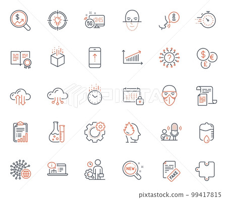 Science icons set. Included icon as Currency audit, Coronavirus and Online documentation web elements. Face recognition, Medical mask, Money currency icons. Certificate, Swipe up. Vector 99417815