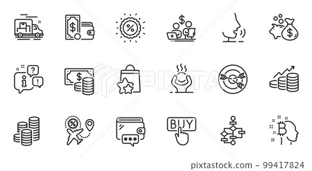 Outline set of Loyalty points, Wallet money and Budget accounting line icons for web application. Talk, information, delivery truck outline icon. Include Coins, Discount, Growth chart icons. Vector 99417824