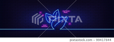 Neon light glow effect. Organic product line icon. No artificial colors sign. Natural flavors symbol. 3d line neon glow icon. Brick wall banner. Organic product outline. Vector 99417844