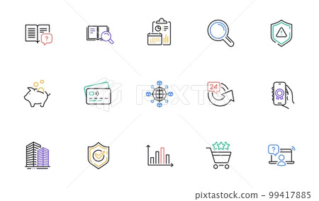 Skyscraper buildings, 24 hours and Card line icons for website, printing. Collection of Research, Shield, Confirmed icons. Instruction manual, Piggy bank, Online question web elements. Vector Skyscraper buildings, 24 hours and Card line icons for website, printing. Collection of Research, Shield, Confirmed icons. Instruction manual, Piggy bank, Online question web elements. Vector 99417885