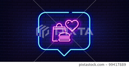 Neon light speech bubble. Food donation line icon. Charity sign. Charitable organization symbol. Neon light background. Food donation glow line. Brick wall banner. Vector Neon light speech bubble. Food donation line icon. Charity sign. Charitable organization symbol. Neon light background. Food donation glow line. Brick wall banner. Vector 99417889