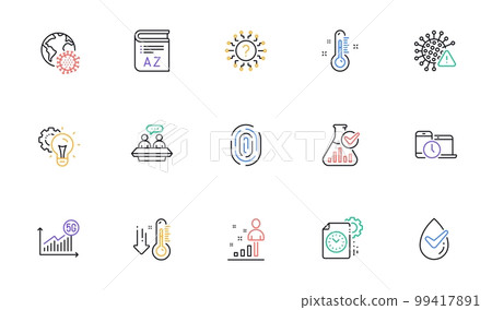 Idea gear, Vocabulary and Question mark line icons for website, printing. Collection of Chemistry lab, Employees talk, 5g statistics icons. Thermometer, Stats, Time management web elements. Vector Idea gear, Vocabulary and Question mark line icons for website, printing. Collection of Chemistry lab, Employees talk, 5g statistics icons. Thermometer, Stats, Time management web elements. Vector 99417891