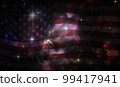 Abstract dark black background with space stars and clouds night sky and American flag blowing on wind. 99417941