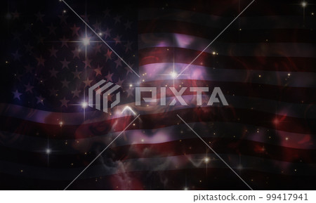 Abstract dark black background with space stars and clouds night sky and American flag blowing on wind. Abstract dark black background with space stars and clouds night sky and American flag blowing on wind. 99417941