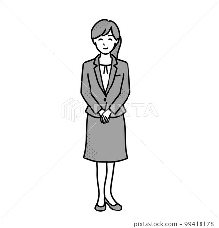 Illustration of a woman in a suit with her hands folded in front of her, full body, monochrome Illustration of a woman in a suit with her hands folded in front of her, full body, monochrome 99418178
