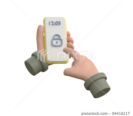 Smartphone lock screen. Hand hold smartphone with master key, finger touch touchscreen, security concept. 99418217