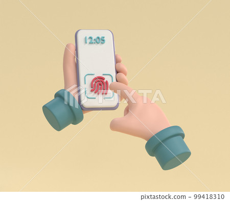 Hand holding smartphone with identification scannings of a fingerprint in the mobile phone. 99418310