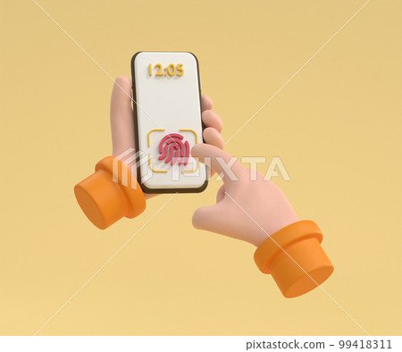 Hand holding smartphone with identification scannings of a fingerprint in the mobile phone. 99418311