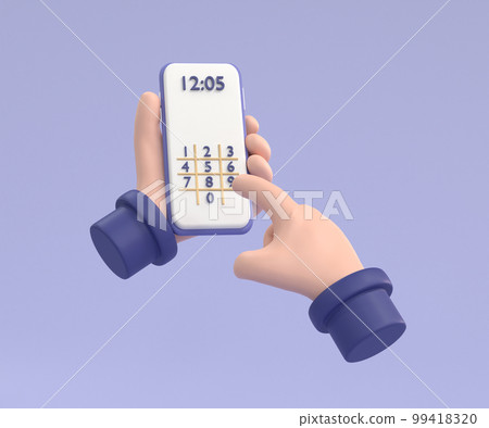 Hand is dialing number on smartphone. Businessman touching buttons with numbers to phone call or unlock code. 99418320
