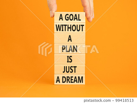Goal and plan symbol. Concept words A goal without a plan is just a dream on wooden blocks. Beautiful orange background copy space. Businessman hand. Business plan motivational goal or dream concept. 99418513