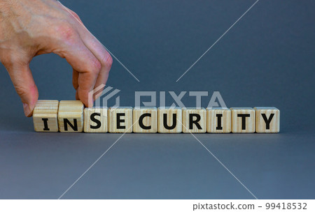 Security or insecurity symbol. Businessman turns wooden cubes, changes words insecurity to security. Beautiful grey background. Business, security or insecurity concept. Copy space. 99418532