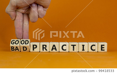 Good or bad practice symbol. Businessman turns wooden cubes and changes words 'bad practice' to 'good practice'. Beautiful orange background. Business, good or bad practice concept. Copy space. Good or bad practice symbol. Businessman turns wooden cubes and changes words 'bad practice' to 'good practice'. Beautiful orange background. Business, good or bad practice concept. Copy space. 99418533