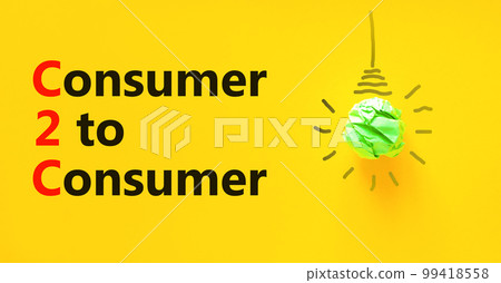C2C consumer to consumer symbol. Concept words C2C consumer to consumer on yellow paper on a beautiful yellow background. Light bulb icon. Business and C2C consumer to consumer concept. Copy space. 99418558