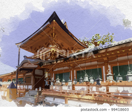 奈良縣奈良市水彩風格的春日大社中央門和走廊 99418603