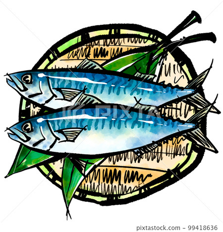 鯖魚 (Masaba) 的手繪插圖裝在漏勺中(毛筆水彩水墨畫風格) 鯖魚 (Masaba) 的手繪插圖裝在漏勺中(毛筆水彩水墨畫風格) 99418636