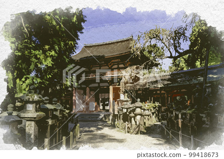 奈良縣奈良市水彩風格的春日大社南門 99418673