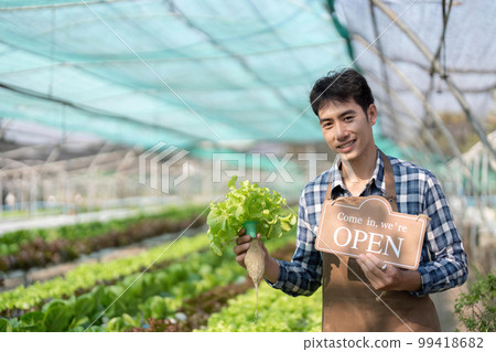 Smart young Asian farmer records the quality and quantity of an organic hydroponic vegetable garden Smart young Asian farmer records the quality and quantity of an organic hydroponic vegetable garden 99418682