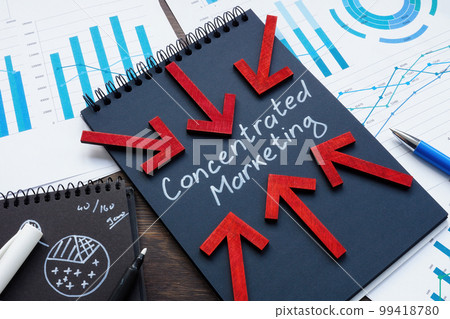 Open notepad with inscription concentrated marketing and arrows. 99418780