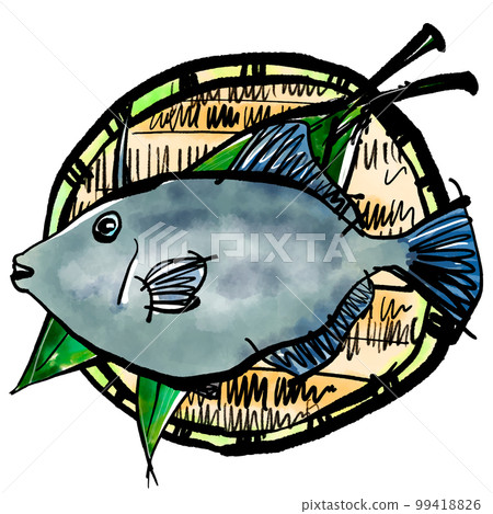 Hand-drawn illustration of Umazurahagi in a colander (brush writing style) 99418826