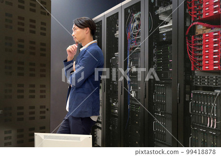 Information system staff checking computers in the server room Information system business image 99418878