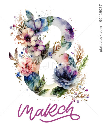 March 8 Happy womens day watercolor flowers... - Stock Illustration ...