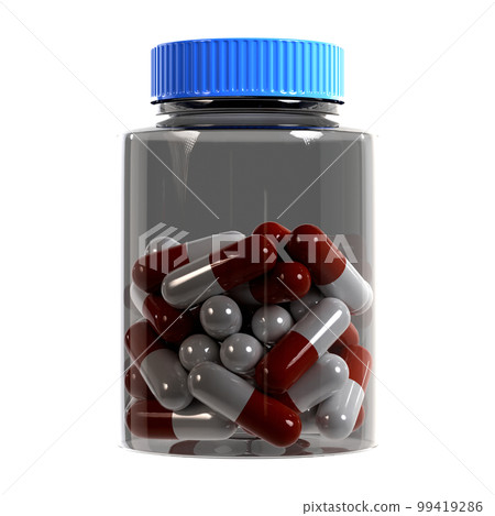 Medicine container and capsule transparent background 3d rendering 99419286