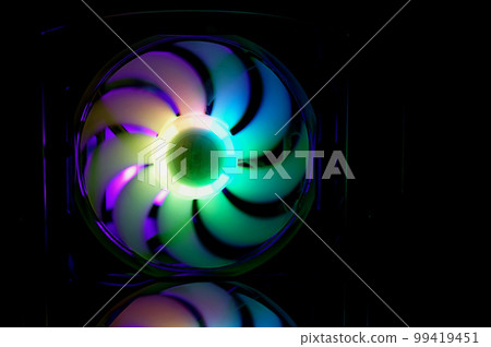 Computer cooler with RGB LED light. Computer circuit board and CPU cooling fans illuminated 99419451