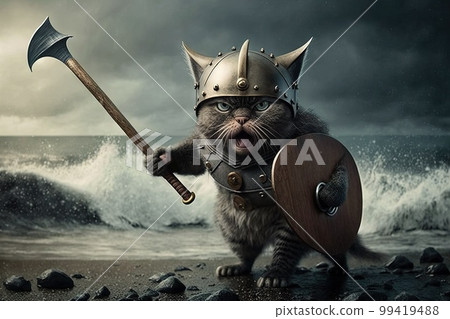 cat in a viking helmet holds a spear and a shield illustration generative ai 99419488