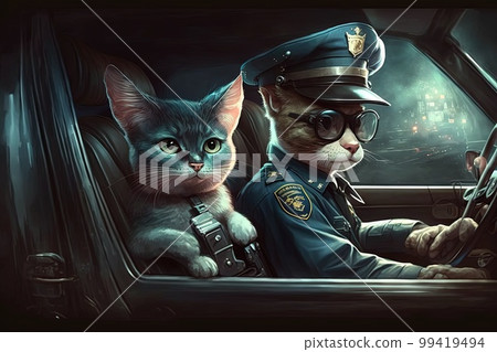 Cat in police uniform driving a squad in car patrol illustration generative ai Cat in police uniform driving a squad in car patrol illustration generative ai 99419494