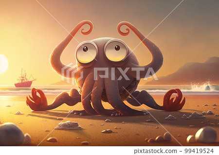 Cartoon style Octopus practicing yoga on the beach at sunset illustration generative ai 99419524