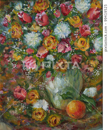 Bouquet of flowers, roses and fruits, oil painting Bouquet of flowers, roses and fruits, oil painting 99419525