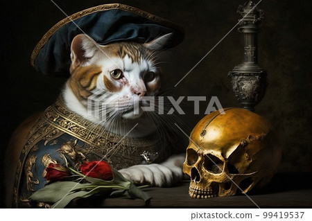 William Shakespeare cat with a skull to be or not to be illustration generative ai 99419537