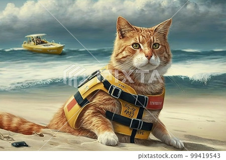 lifeguard on the beach cat working job profession illustration generative ai 99419543