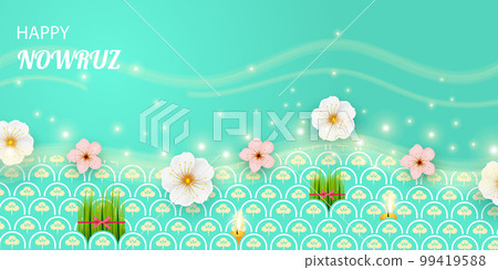 Postcard with Novruz holiday. Novruz Bayram background template. Spring flowers, painted eggs and wheat germ. Festive banner. Vector 99419588