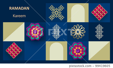 Ramadan Kareem poster. Islamic postcard, banner template. Modern design with geometric pattern and traditional ornaments in blue, gold, purple. Vector Ramadan Kareem poster. Islamic postcard, banner template. Modern design with geometric pattern and traditional ornaments in blue, gold, purple. Vector 99419605
