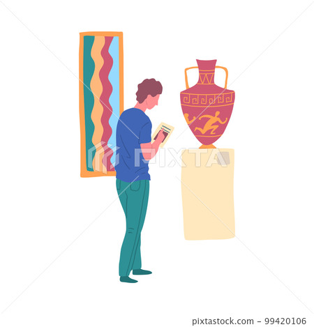 Cartoon Color Character Man Gallery Visitor and Greek Vase on a Pedestal Concept Flat Design Style. Vector illustration 99420106