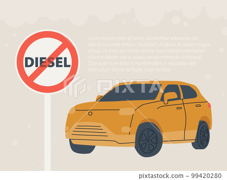 Diesel car ban in Europe by 2035. Crossover car with diesel prohibition sign. Vector flat illustration. 99420280