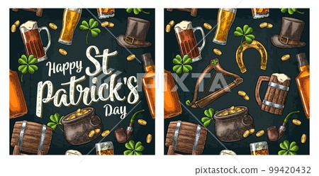 Saint Patrick Day. hat, Pot coins, pipe, beer, lyre, horseshoe Saint Patrick Day. hat, Pot coins, pipe, beer, lyre, horseshoe 99420432