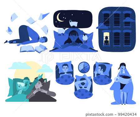 Sleeplessness with Man and Woman Suffer from Insomnia and Sleep Disorder Vector Set Sleeplessness with Man and Woman Suffer from Insomnia and Sleep Disorder Vector Set 99420434