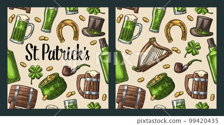 Saint Patrick Day. hat, Pot coins, pipe, beer, lyre, horseshoe 99420435